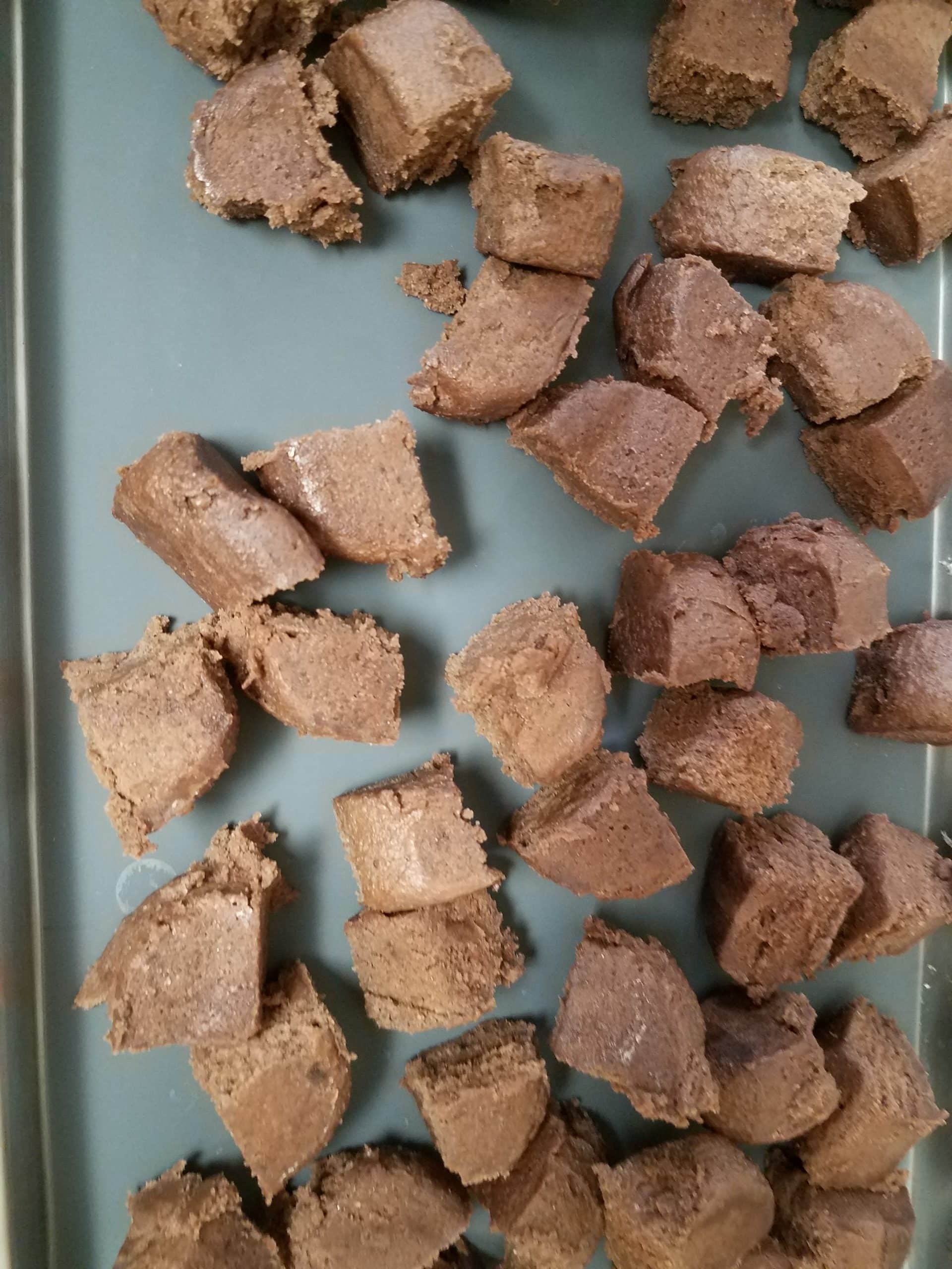 Freeze dried brownie bites on a tray