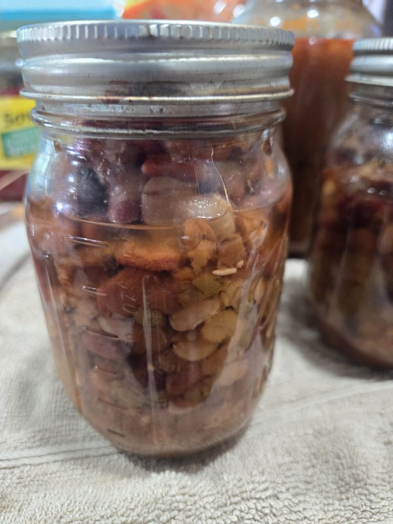 Quart jar of home-canned ham and 15-bean soup