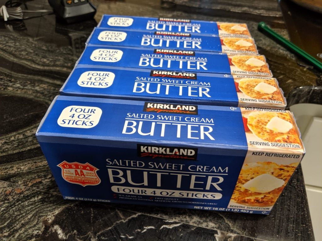 Boxes of Kirkland salted sweet cream butter
